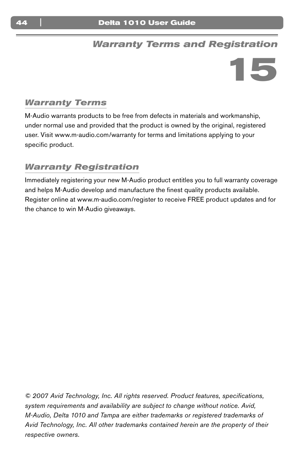 Warranty terms and registration | M-AUDIO 10 IN 10 OUT PCI DIGITAL RECORDING SYSTEM WITH S/PDIF DELTA 1010 User Manual | Page 44 / 45