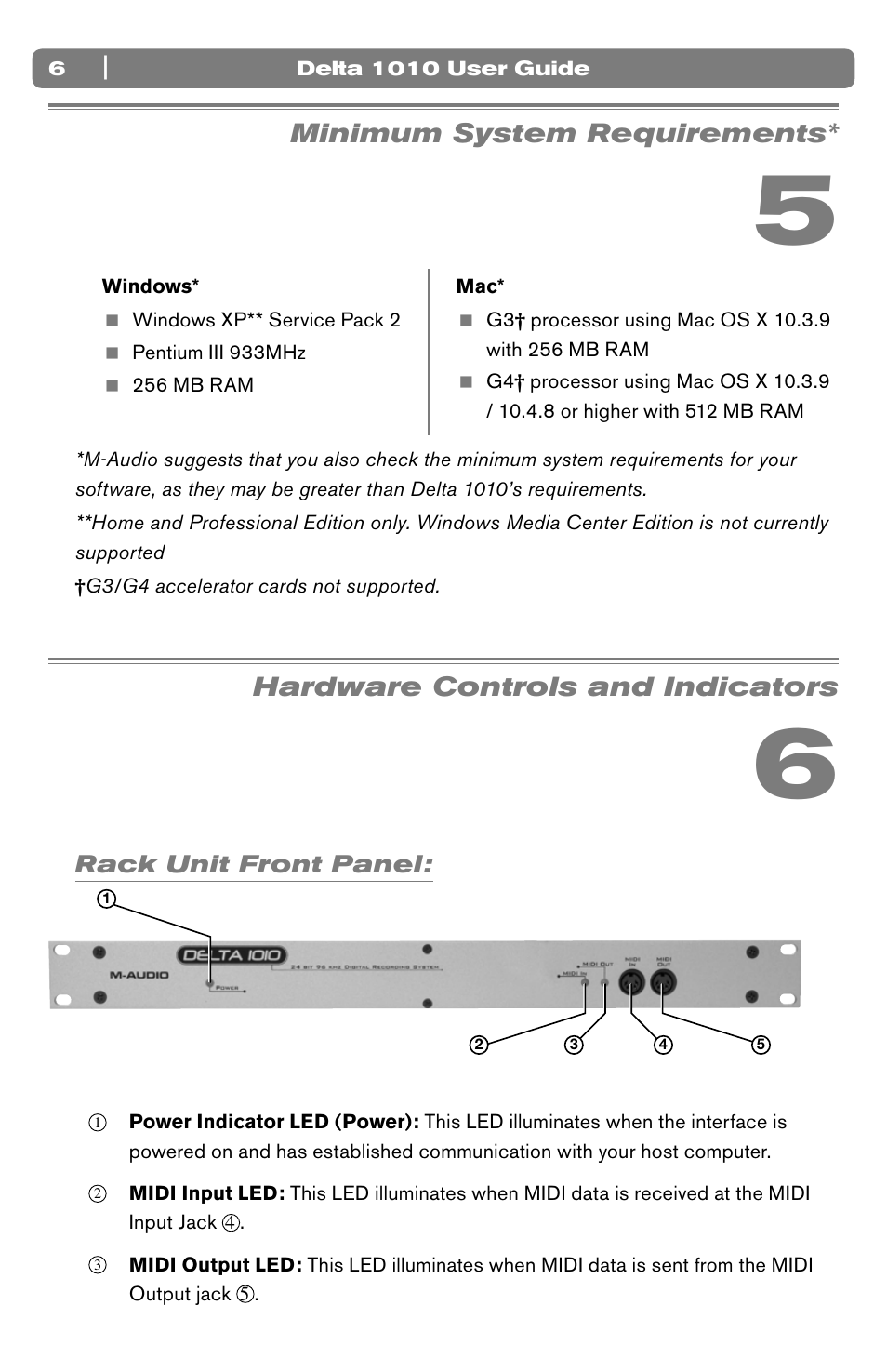 Minimum system requirements, Hardware controls and indicators, Rack unit front panel | M-AUDIO 10 IN 10 OUT PCI DIGITAL RECORDING SYSTEM WITH S/PDIF DELTA 1010 User Manual | Page 6 / 45