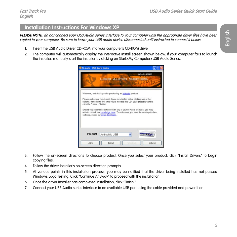 English, Installation instructions for windows xp, English installation instructions for windows xp | M-AUDIO Computer Drive User Manual | Page 2 / 5