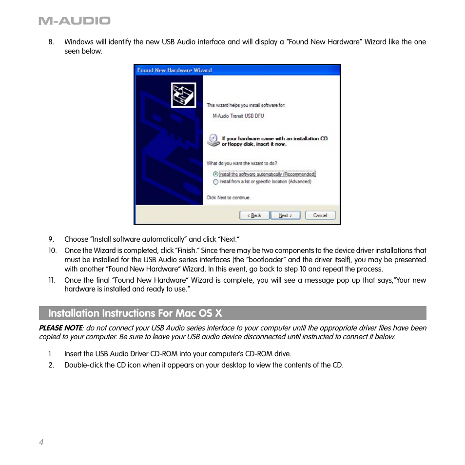 Installation instructions for mac os x | M-AUDIO Computer Drive User Manual | Page 3 / 5