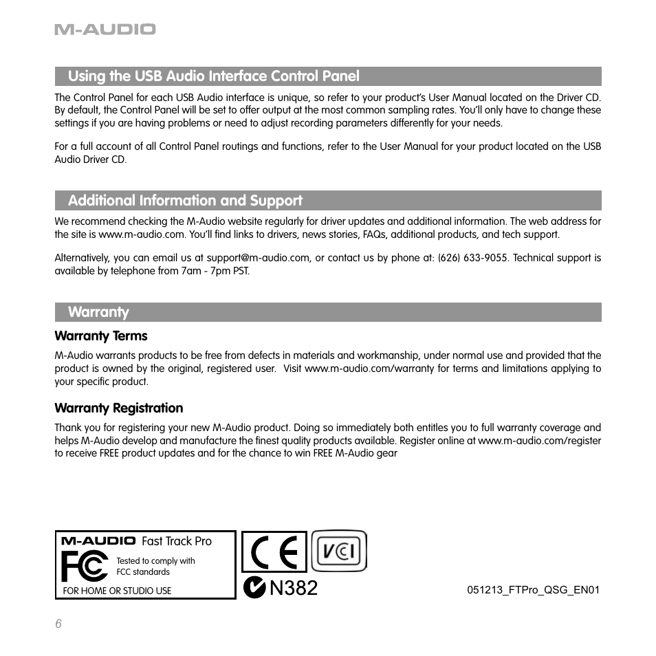 Using the usb audio interface control panel, Additional information and support, Warranty | M-AUDIO Computer Drive User Manual | Page 5 / 5