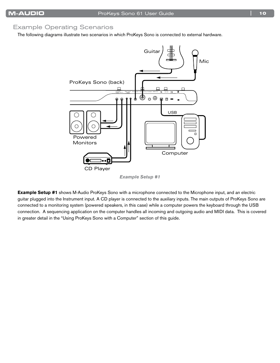 Example operating scenarios, Prokeys sono 61 user guide, 0ro+eys 0owered -onitors #$ #omputer 'uitar -ic | M-AUDIO 61 User Manual | Page 11 / 49