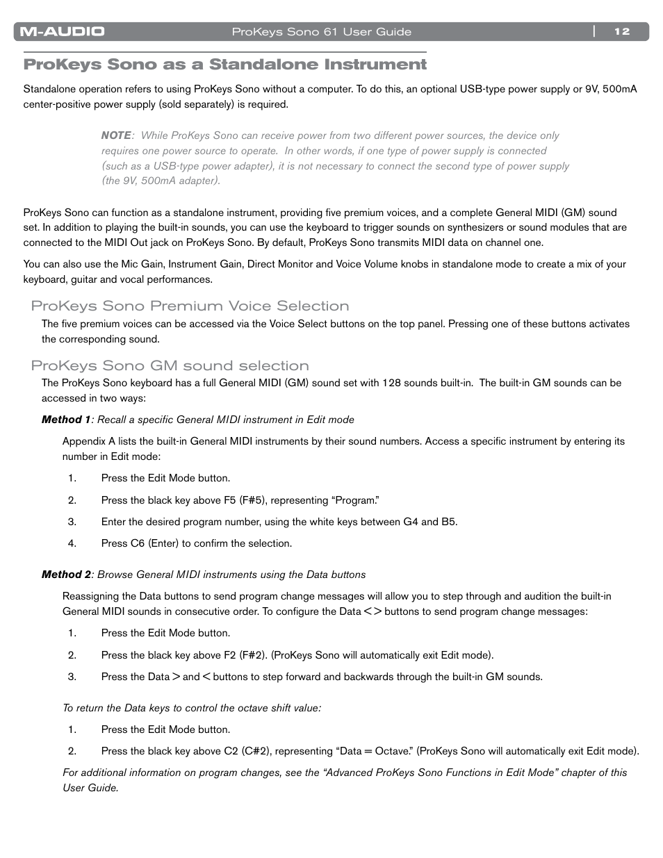 Prokeys sono as a standalone instrument, Prokeys sono premium voice selection, Prokeys sono gm sound selection | M-AUDIO 61 User Manual | Page 13 / 49