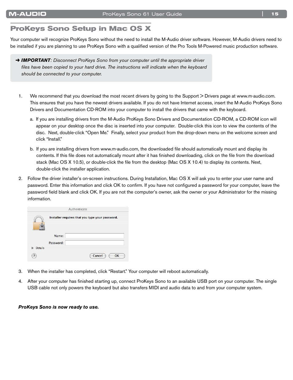 Prokeys sono setup in mac os x | M-AUDIO 61 User Manual | Page 16 / 49