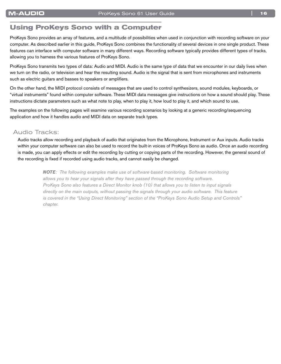 Using prokeys sono with a computer, Audio tracks | M-AUDIO 61 User Manual | Page 17 / 49