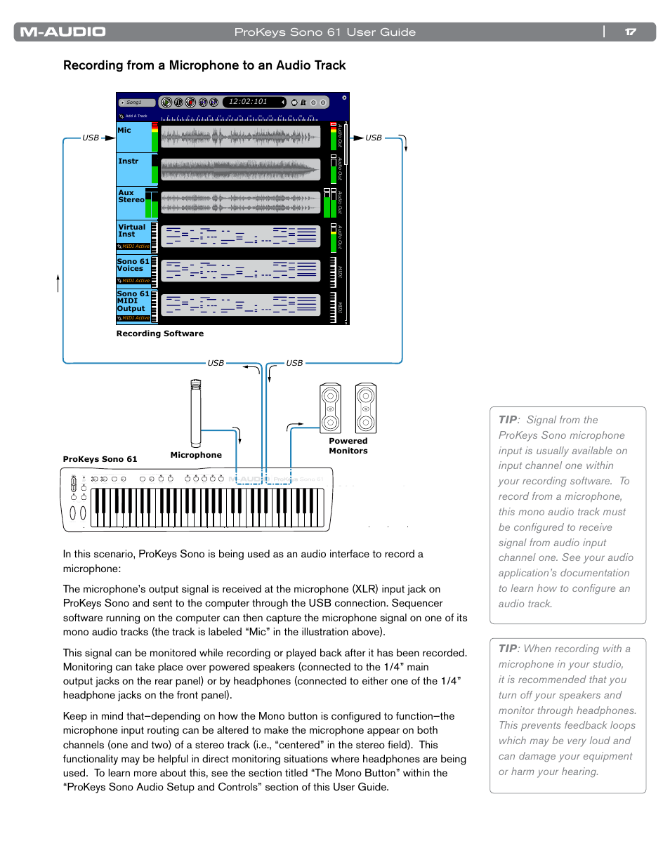 Recording from a microphone to an audio track, Prokeys sono 61 user guide | M-AUDIO 61 User Manual | Page 18 / 49