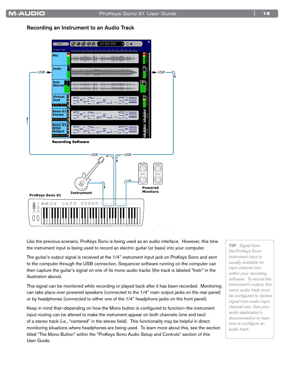 Recording an instrument to an audio track, Prokeys sono 61 user guide | M-AUDIO 61 User Manual | Page 19 / 49