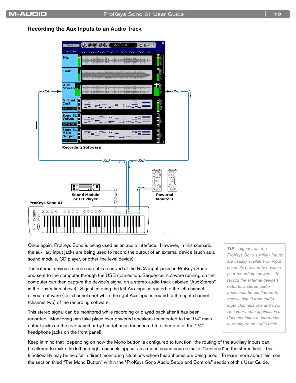 Recording the aux inputs to an audio track, Prokeys sono 61 user guide | M-AUDIO 61 User Manual | Page 20 / 49