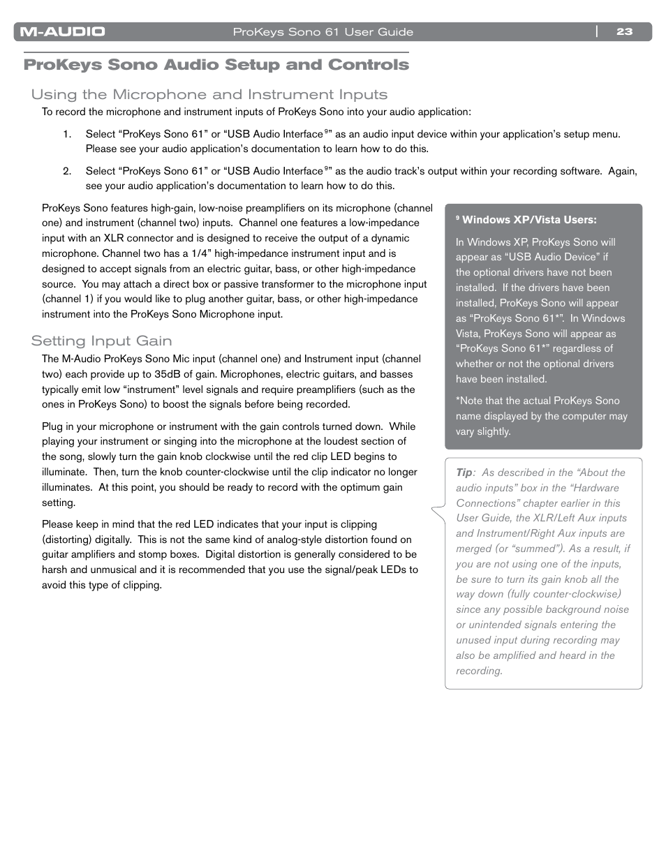 Prokeys sono audio setup and controls, Using the microphone and instrument inputs, Setting input gain | M-AUDIO 61 User Manual | Page 24 / 49