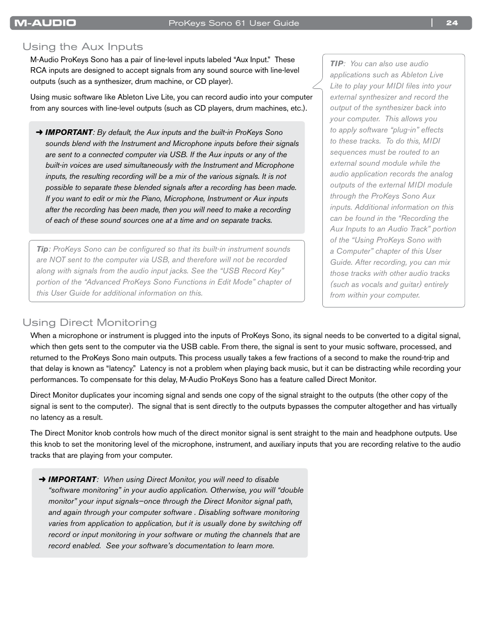 Using the aux inputs, Using direct monitoring, Using the aux inputs using direct monitoring | M-AUDIO 61 User Manual | Page 25 / 49