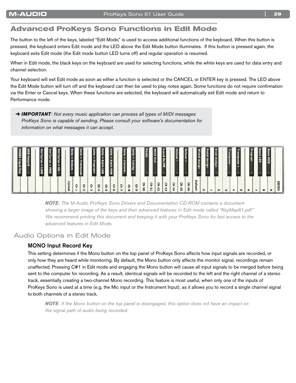 Advanced prokeys sono functions in edit mode, Audio options in edit mode | M-AUDIO 61 User Manual | Page 30 / 49