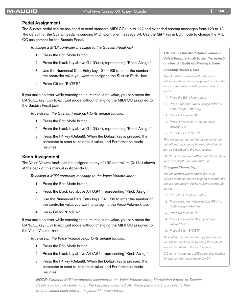 Pedal assignment, Knob assignment | M-AUDIO 61 User Manual | Page 35 / 49