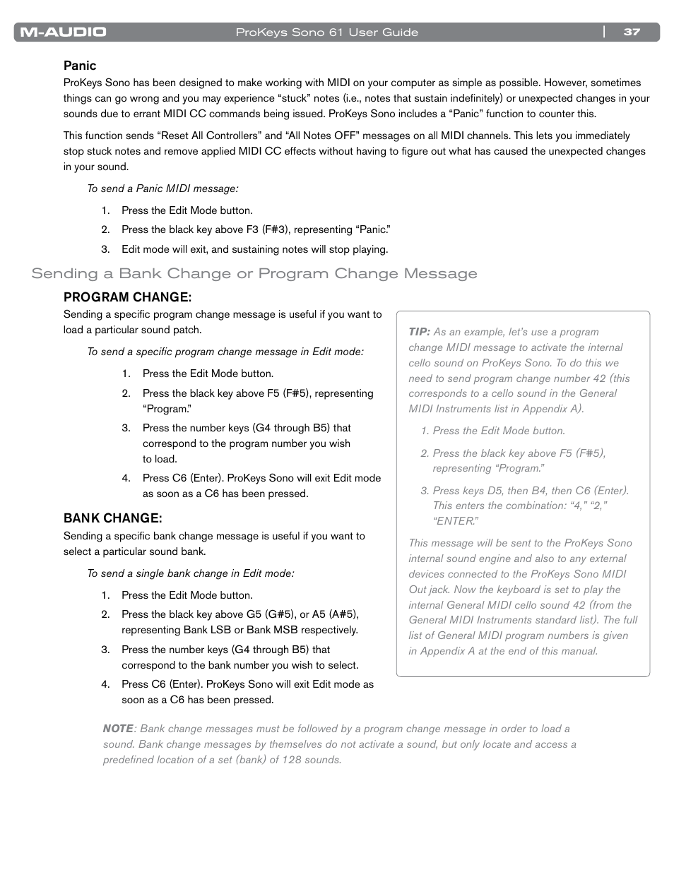 Sending a bank change or program change message | M-AUDIO 61 User Manual | Page 38 / 49