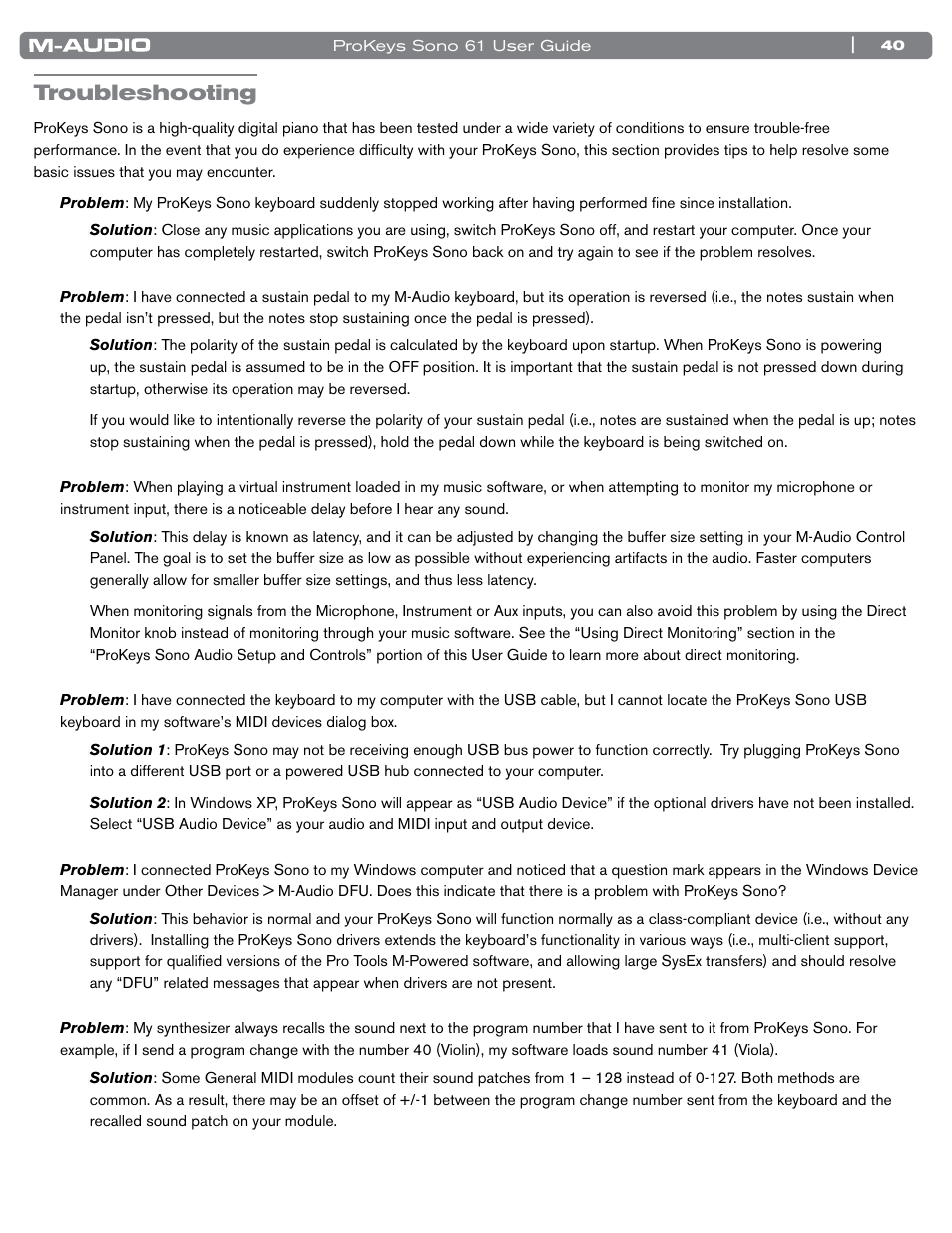 Troubleshooting | M-AUDIO 61 User Manual | Page 41 / 49