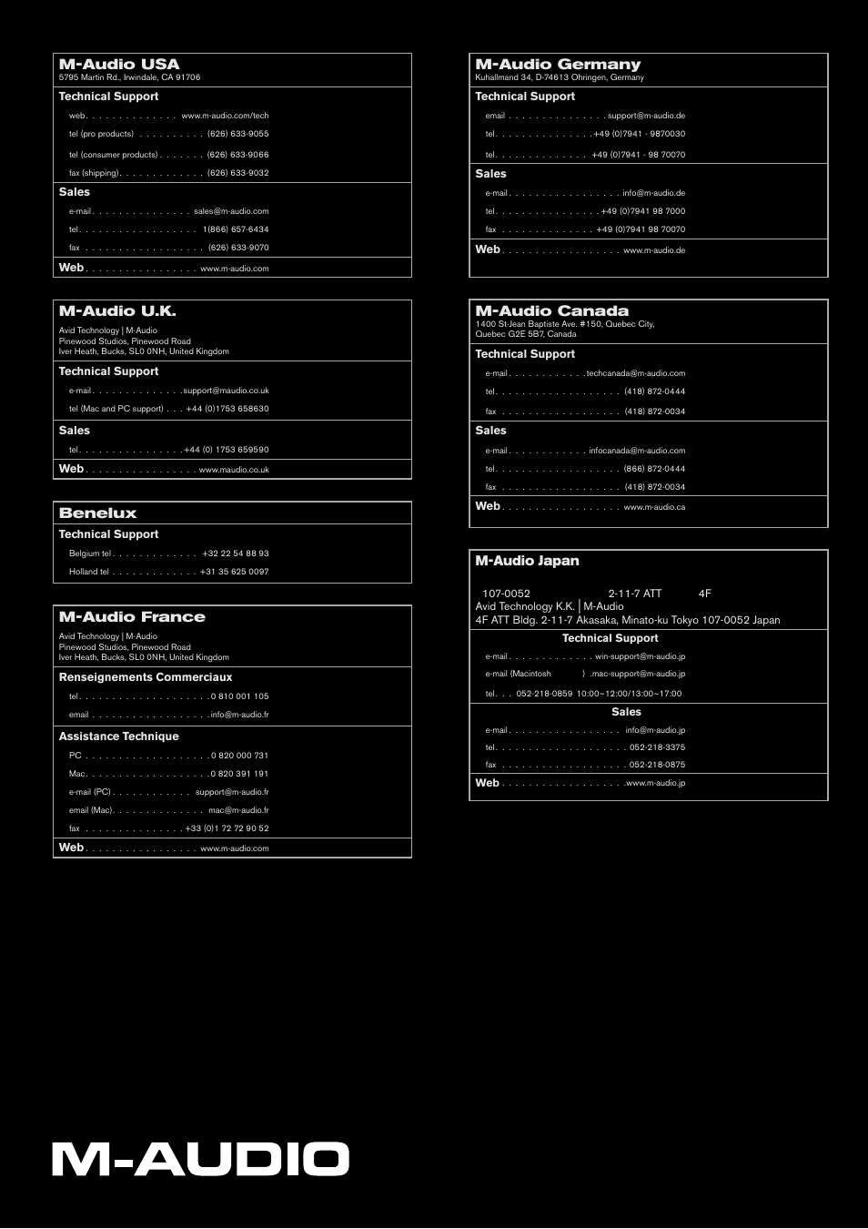 Contact, M-audio usa, M-audio u.k | Benelux, M-audio france, M-audio germany, M-audio canada, M-audio japan | M-AUDIO 61 User Manual | Page 49 / 49