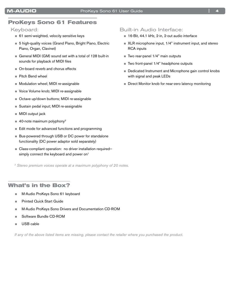 Prokeys sono 61 features, What’s in the box, Keyboard | Built-in audio interface, Keyboard built-in audio interface | M-AUDIO 61 User Manual | Page 5 / 49