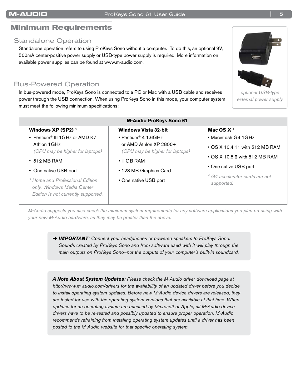 Minimum requirements, Standalone operation, Bus-powered operation | Standalone operation bus-powered operation | M-AUDIO 61 User Manual | Page 6 / 49