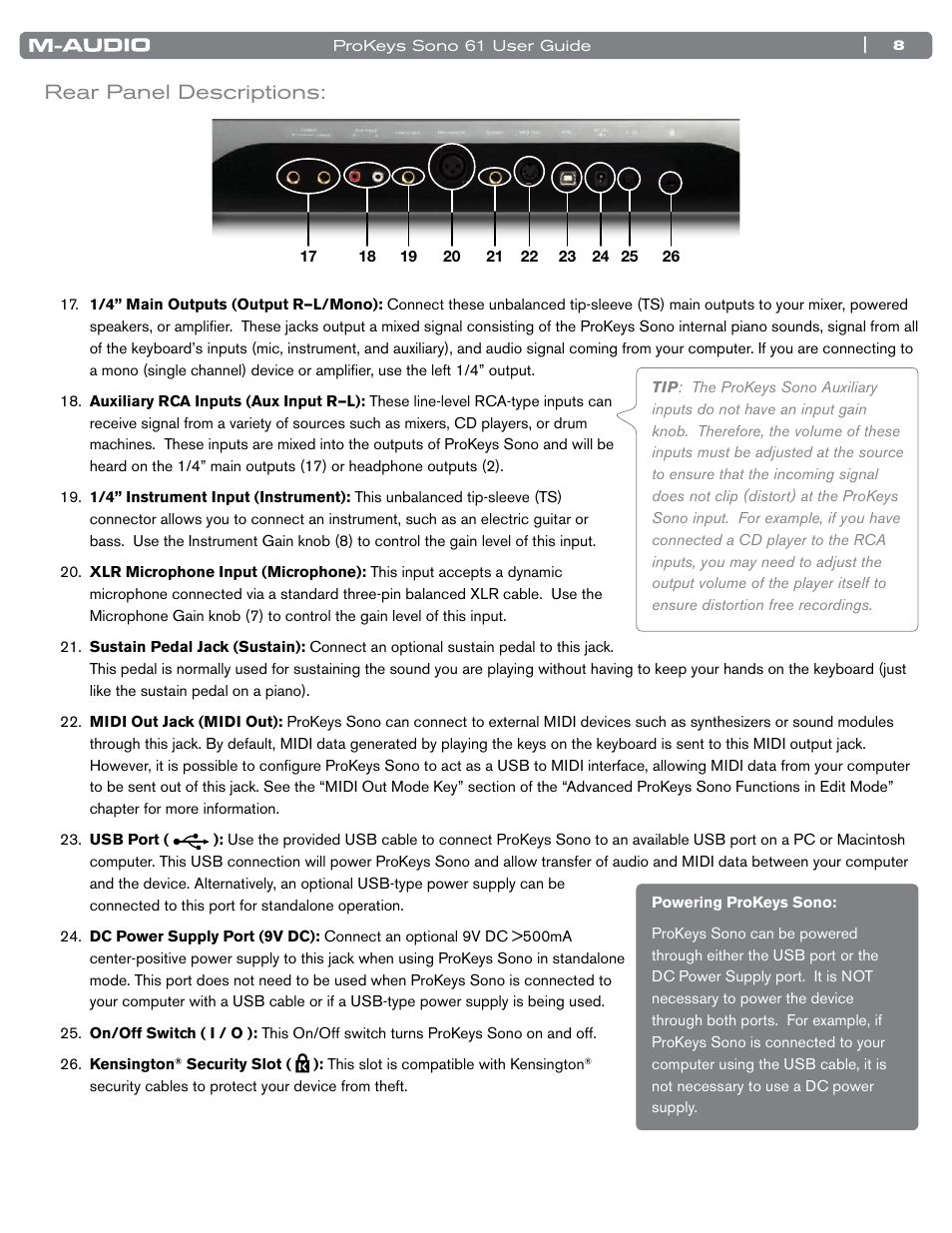 Rear panel descriptions | M-AUDIO 61 User Manual | Page 9 / 49