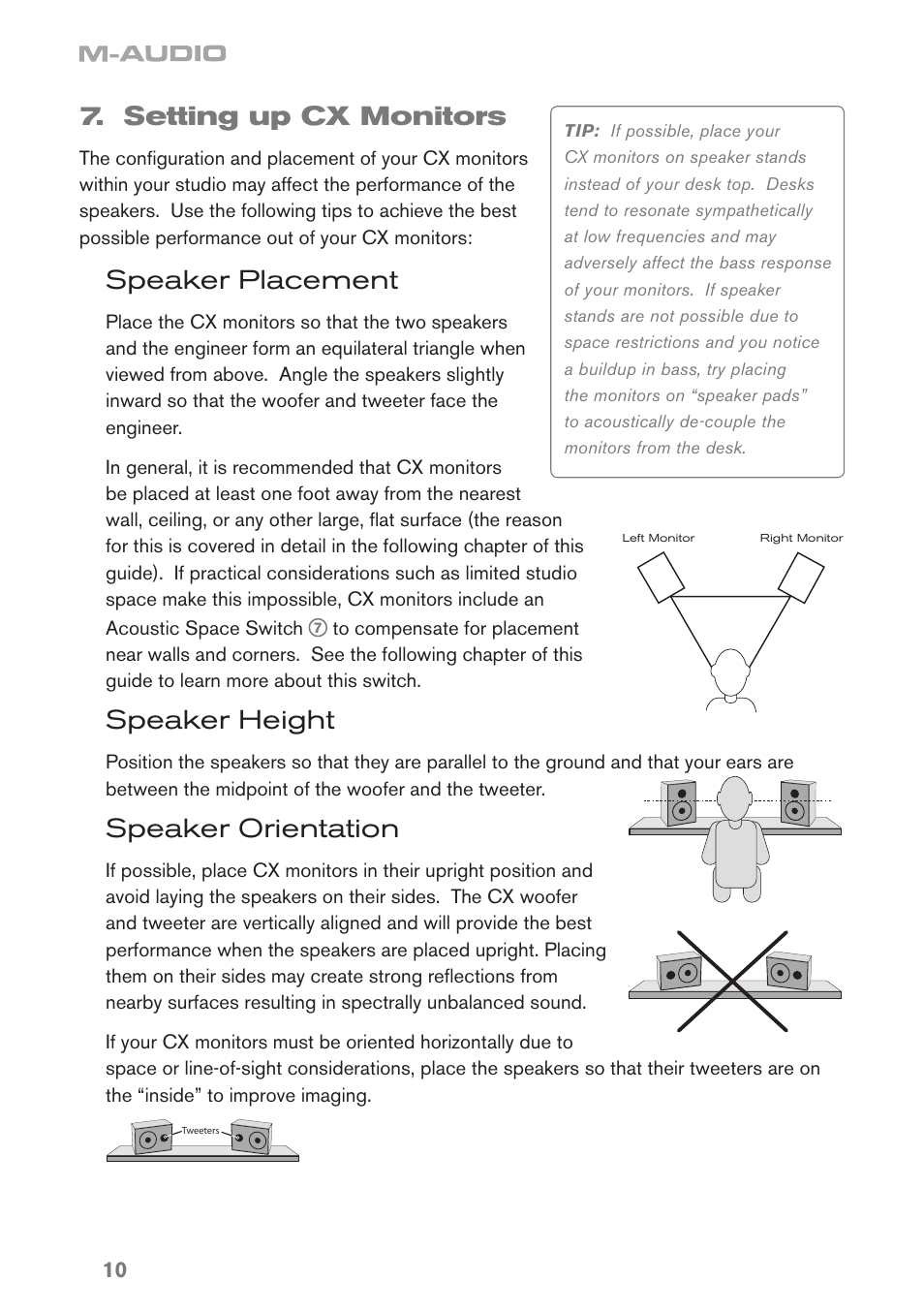 Setting up cx monitors, Speaker placement, Speaker height | Speaker orientation | M-AUDIO CX8 User Manual | Page 10 / 18
