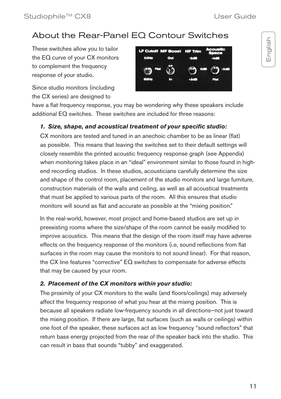 About the rear-panel eq contour switches, Placement of the cx monitors within your studio | M-AUDIO CX8 User Manual | Page 11 / 18