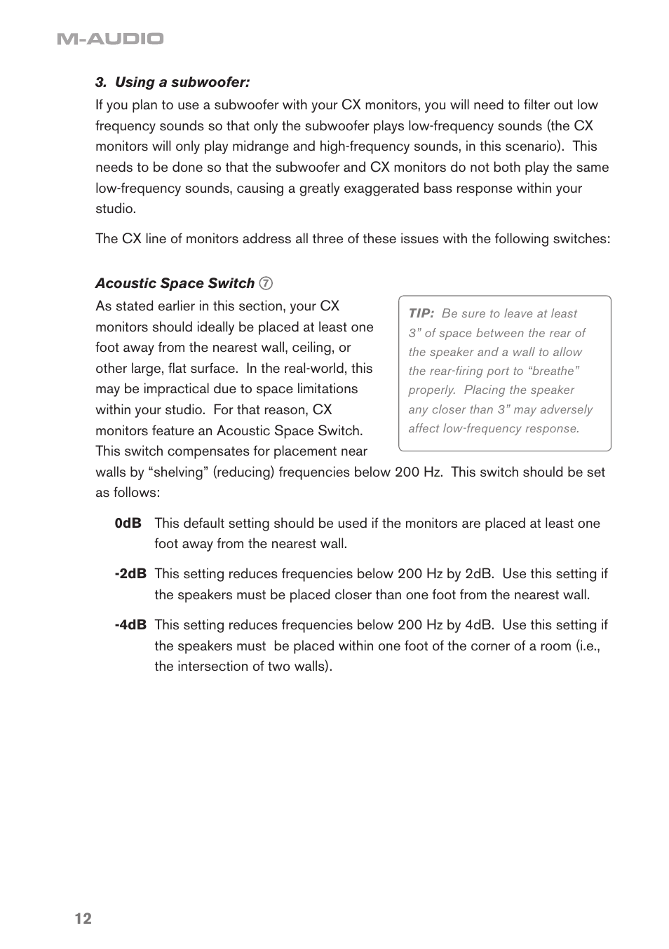 Using a subwoofer, Acoustic space switch | M-AUDIO CX8 User Manual | Page 12 / 18