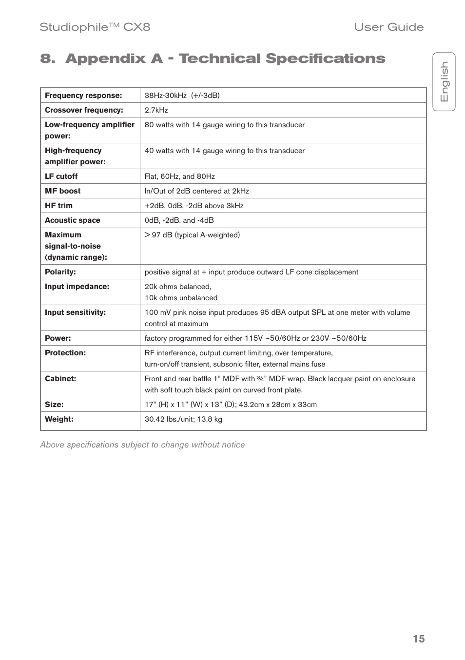 Appendix a - technical specifications, Studiophile, Cx8 user guide | English | M-AUDIO CX8 User Manual | Page 15 / 18