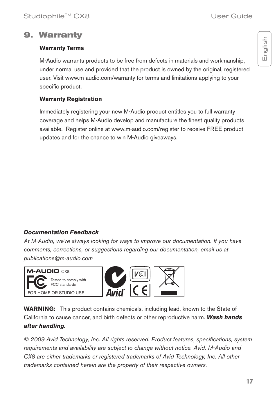 Warranty | M-AUDIO CX8 User Manual | Page 17 / 18