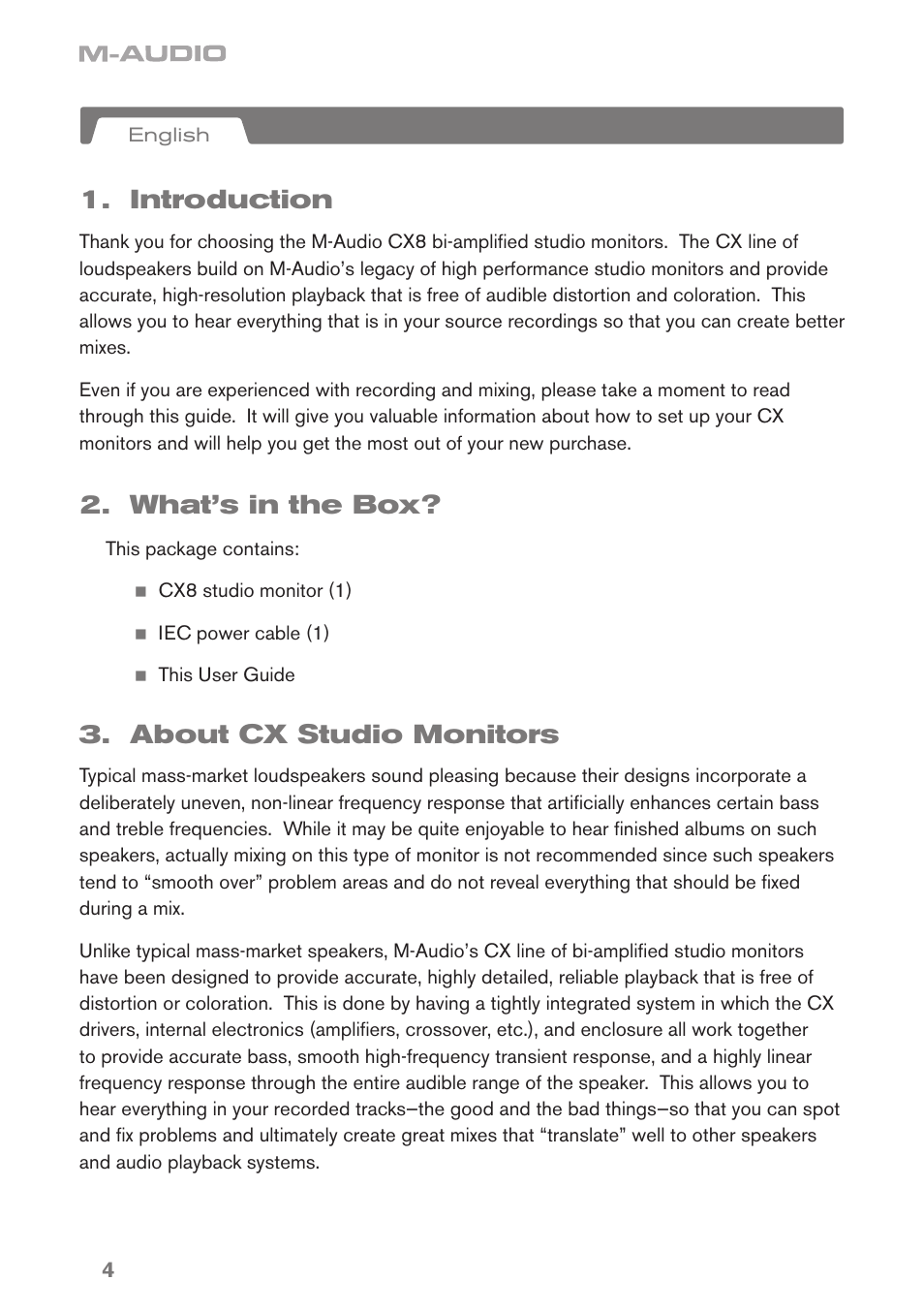 Introduction, What’s in the box, About cx studio monitors | M-AUDIO CX8 User Manual | Page 4 / 18