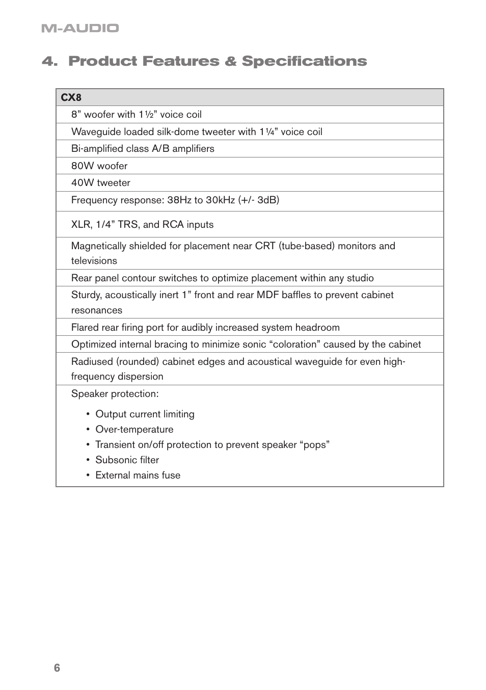 Product features & specifications | M-AUDIO CX8 User Manual | Page 6 / 18