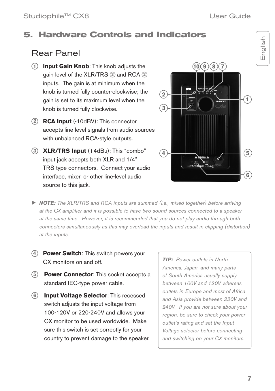 Hardware controls and indicators, Rear panel, Hardware controls and indicators rear panel | M-AUDIO CX8 User Manual | Page 7 / 18