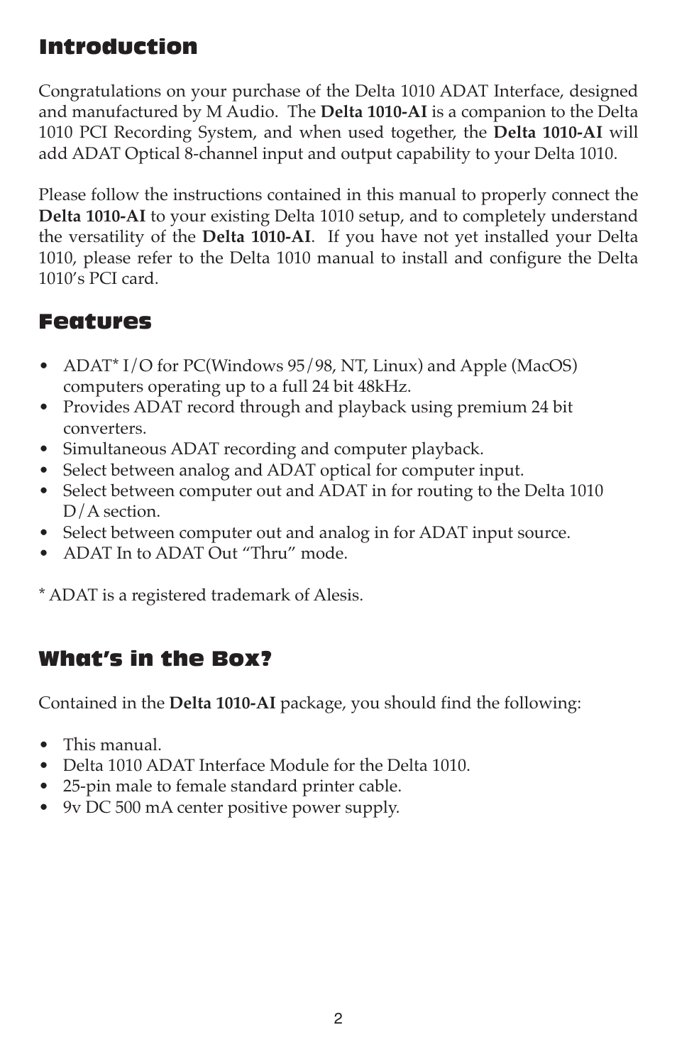 Introduction, Features, What’s in the box | M-AUDIO DELTA 1010-AI User Manual | Page 2 / 12