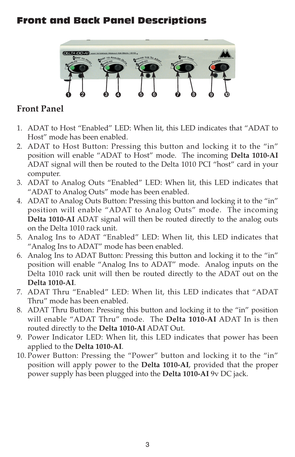 Front and back panel descriptions front panel | M-AUDIO DELTA 1010-AI User Manual | Page 3 / 12