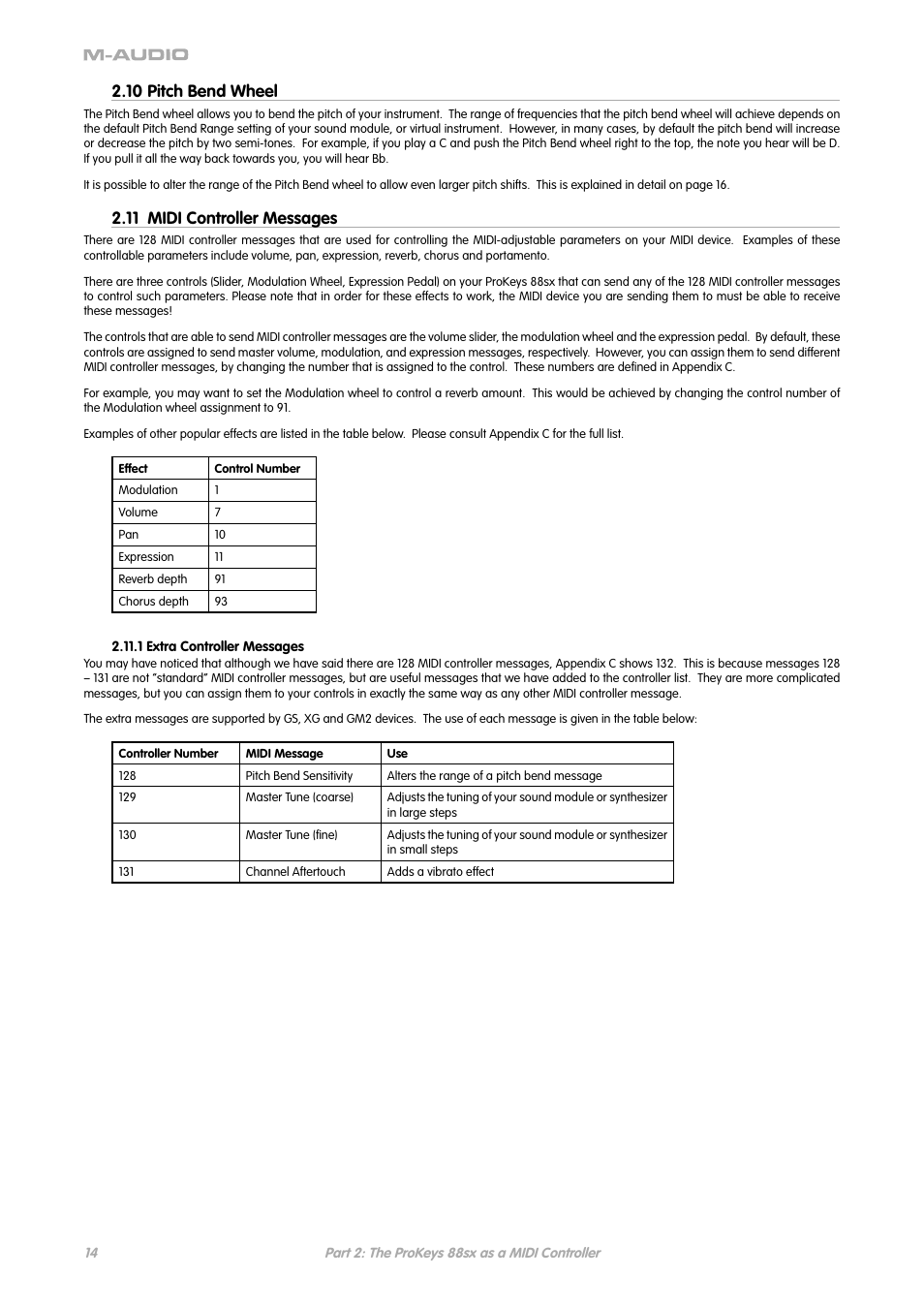 10 pitch bend wheel, 11 midi controller messages | M-AUDIO ProKeys 88sx User Manual | Page 11 / 21