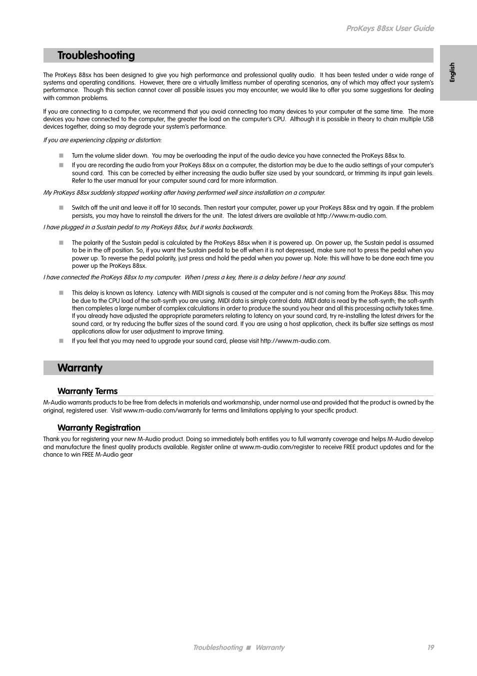 Troubleshooting, Warranty, Warranty terms | Warranty registration | M-AUDIO ProKeys 88sx User Manual | Page 16 / 21