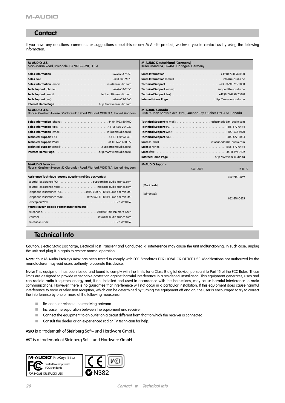Contact, Technical info, Contact < technical info | M-AUDIO ProKeys 88sx User Manual | Page 17 / 21
