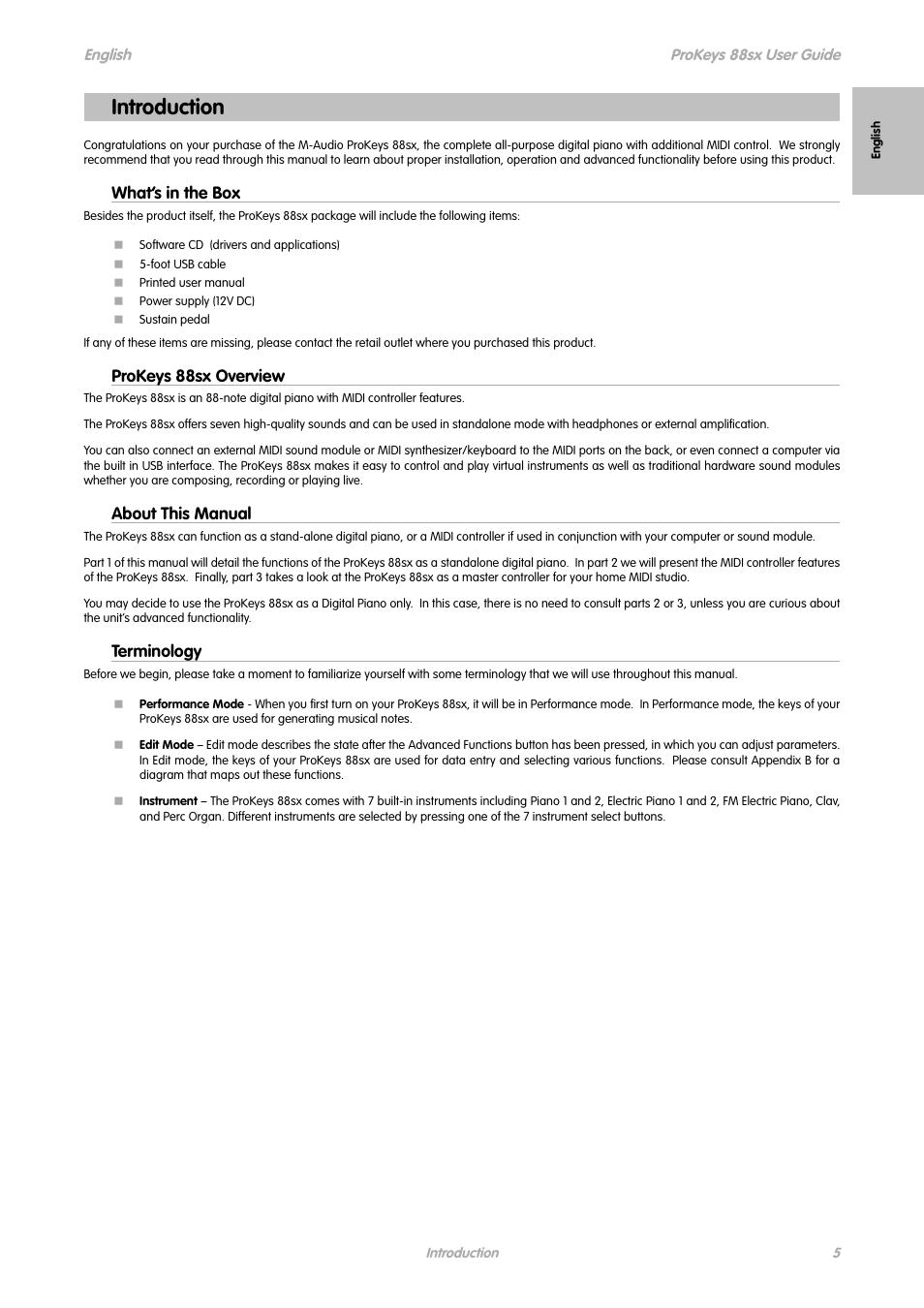English, Introduction, What’s in the box | Prokeys 88sx overview, About this manual, Terminology | M-AUDIO ProKeys 88sx User Manual | Page 2 / 21