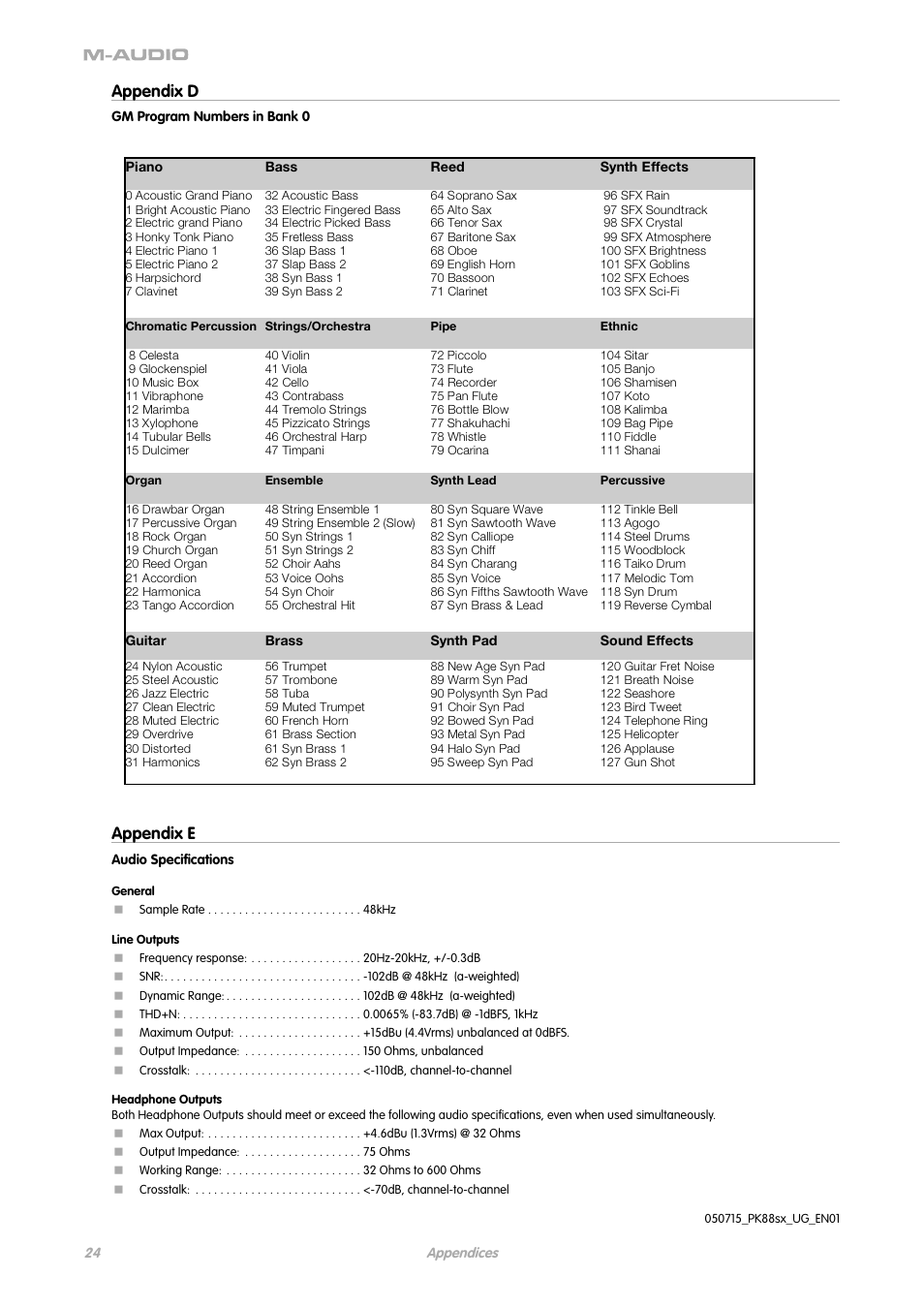 Appendix d, Appendix e | M-AUDIO ProKeys 88sx User Manual | Page 21 / 21