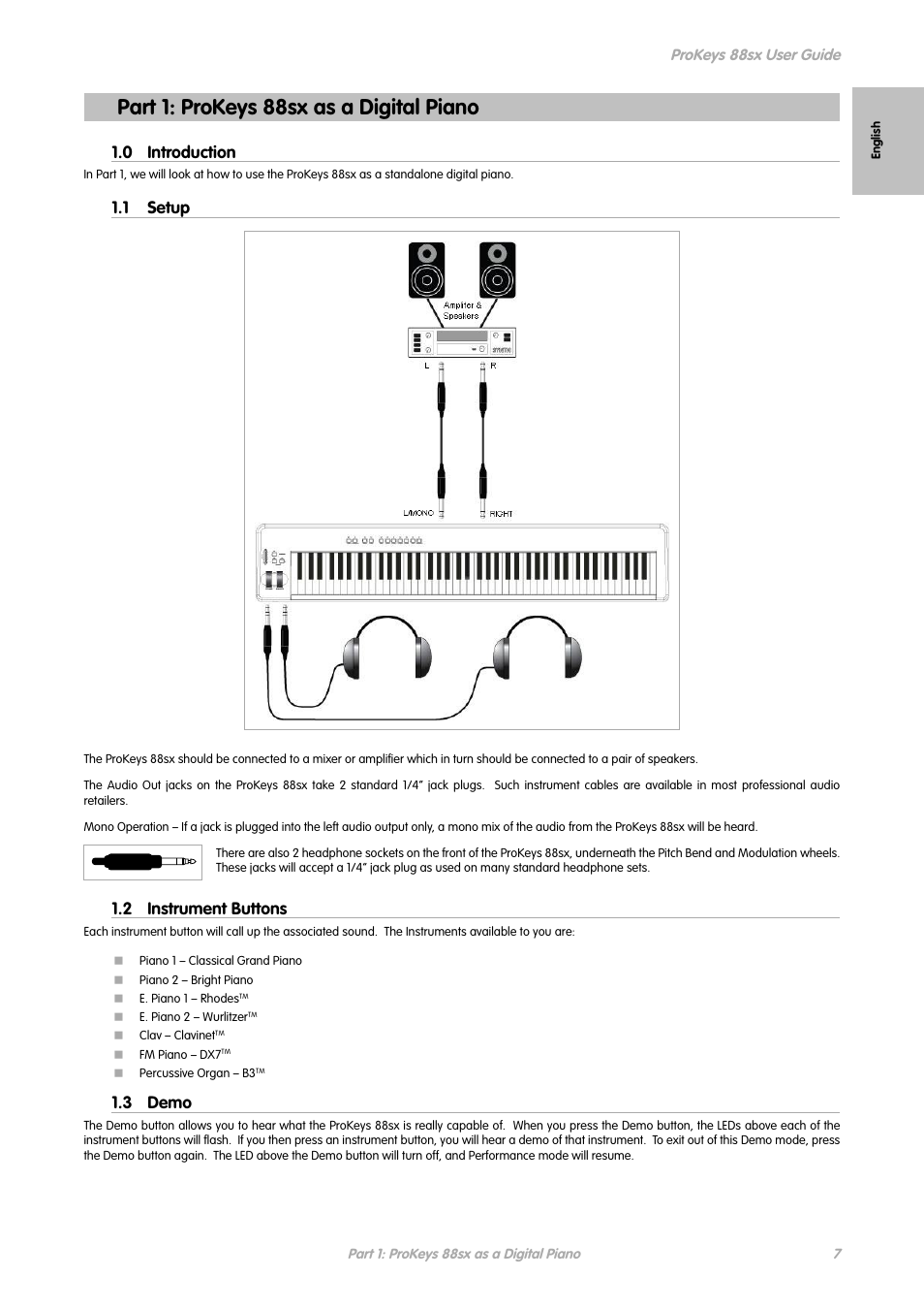 Part 1: prokeys 88sx as a digital piano, 0 introduction, 1 setup | 2 instrument buttons, 3 demo | M-AUDIO ProKeys 88sx User Manual | Page 4 / 21