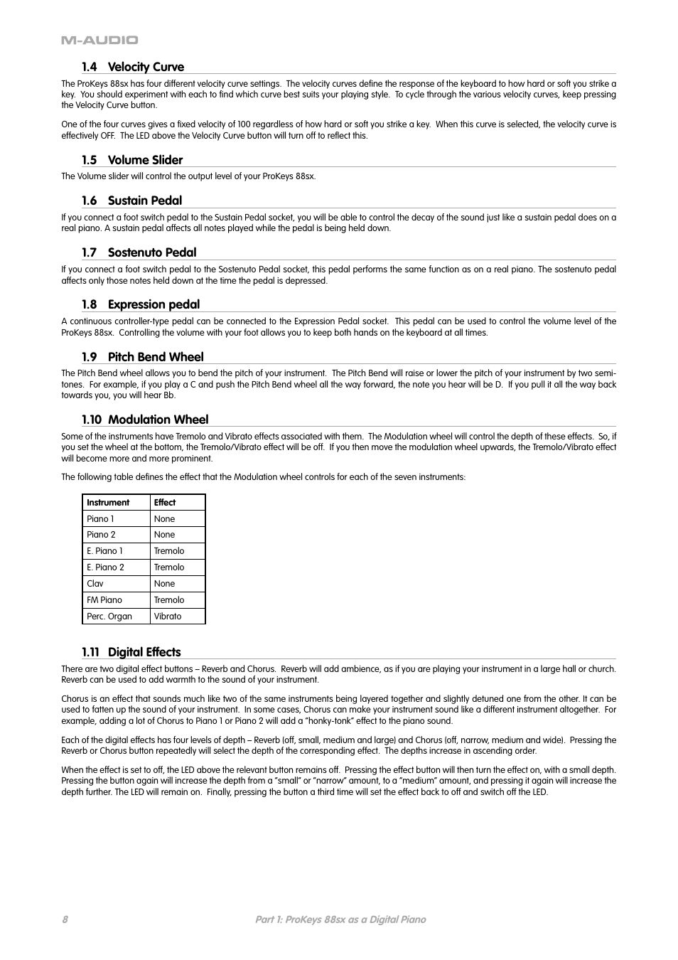 4 velocity curve, 5 volume slider, 6 sustain pedal | 7 sostenuto pedal, 8 expression pedal, 9 pitch bend wheel, 10 modulation wheel, 11 digital effects | M-AUDIO ProKeys 88sx User Manual | Page 5 / 21