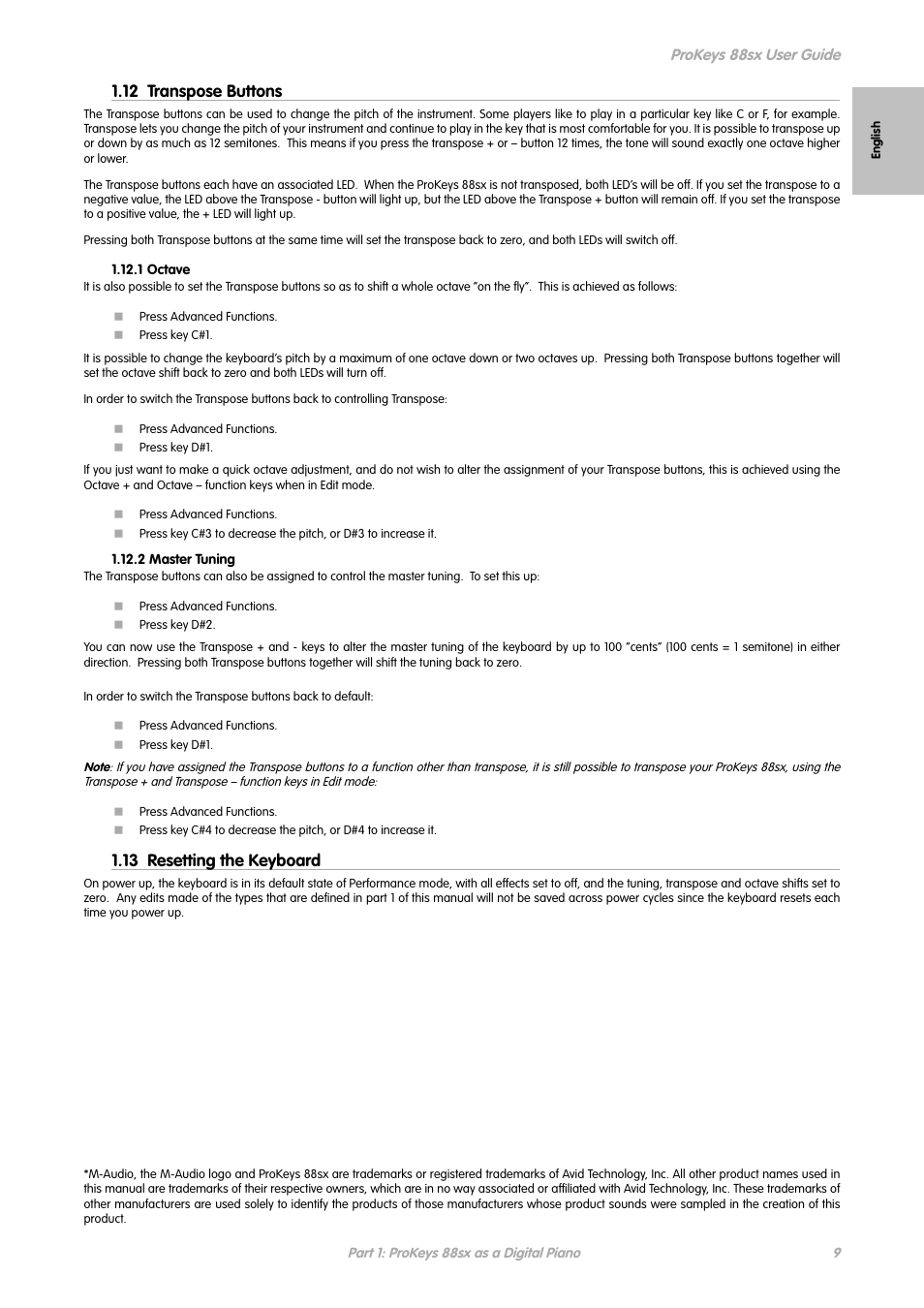 12 transpose buttons, 13 resetting the keyboard | M-AUDIO ProKeys 88sx User Manual | Page 6 / 21