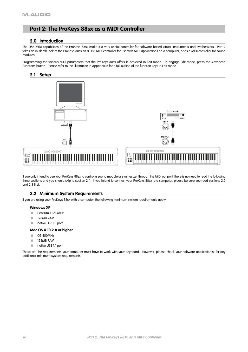 Part 2: the prokeys 88sx as a midi controller, 0 introduction, 1 setup | 2 minimum system requirements | M-AUDIO ProKeys 88sx User Manual | Page 7 / 21