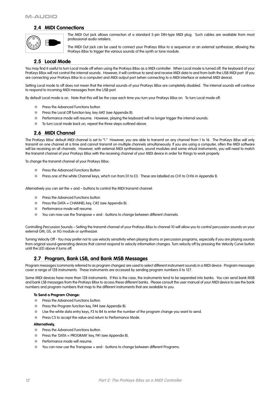 4 midi connections, 5 local mode, 6 midi channel | 7 program, bank lsb, and bank msb messages | M-AUDIO ProKeys 88sx User Manual | Page 9 / 21