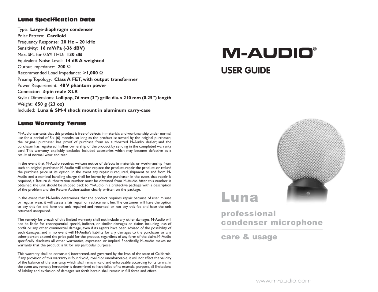 Luna, User guide, Professional condenser microphone care & usage | M-AUDIO GR-D347U User Manual | Page 2 / 2