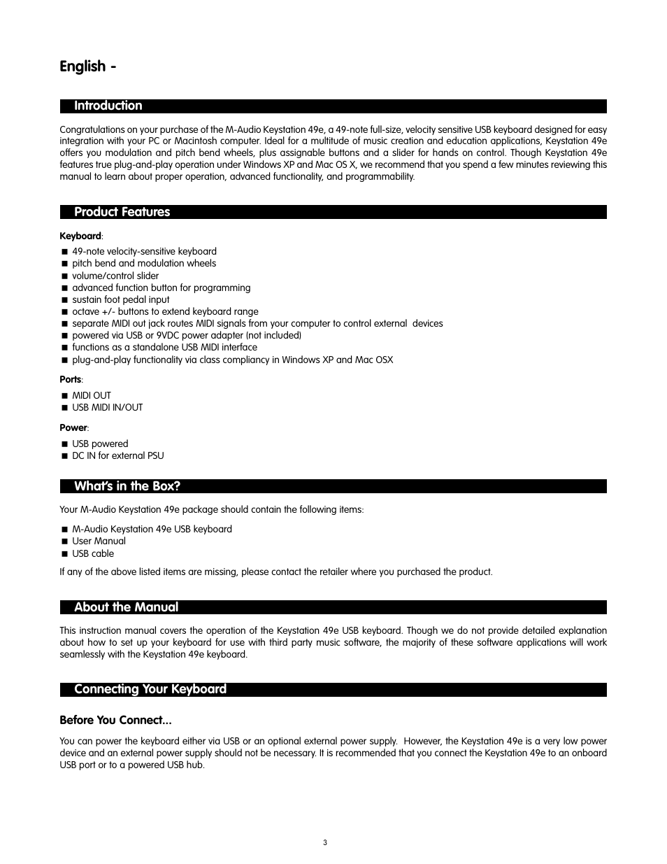 Introduction, Product features, What’s in the box | About the manual, Connecting your keyboard, English | M-AUDIO KEYSTATION 49-KEY User Manual | Page 2 / 14