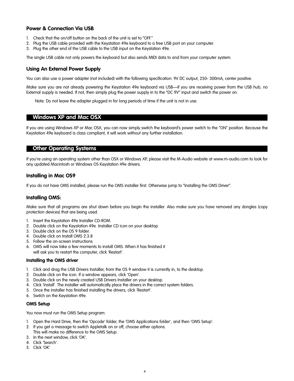 Windows xp and mac osx, Other operating systems | M-AUDIO KEYSTATION 49-KEY User Manual | Page 3 / 14