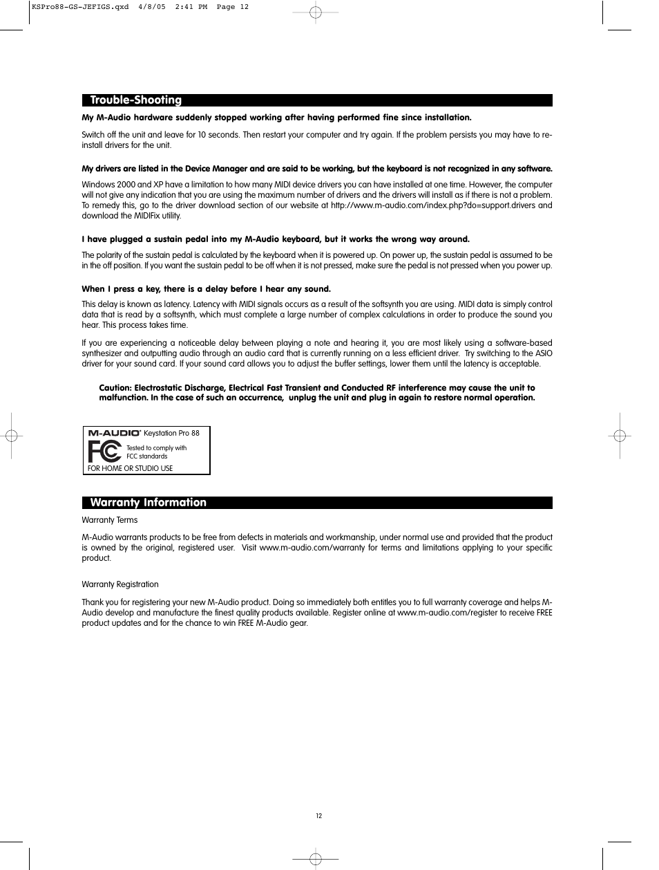 Trouble-shooting, Warranty information | M-AUDIO M71020QS-EN User Manual | Page 10 / 11