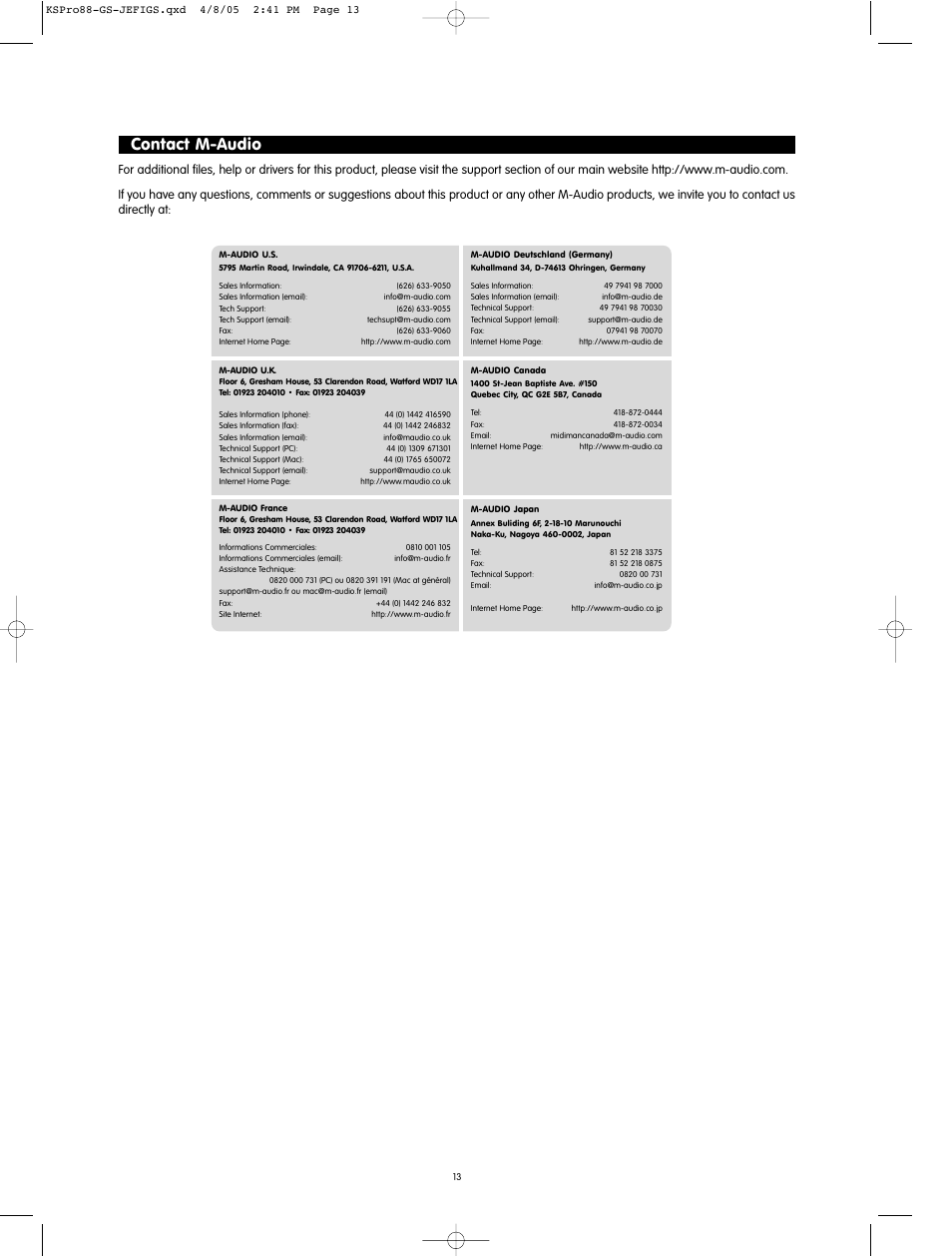 Contact m-audio | M-AUDIO M71020QS-EN User Manual | Page 11 / 11