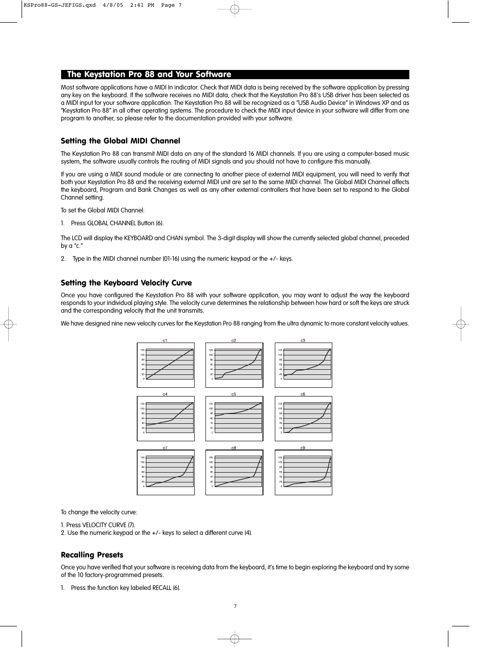 The keystation pro 88 and your software, Setting the global midi channel, Setting the keyboard velocity curve | M-AUDIO M71020QS-EN User Manual | Page 5 / 11