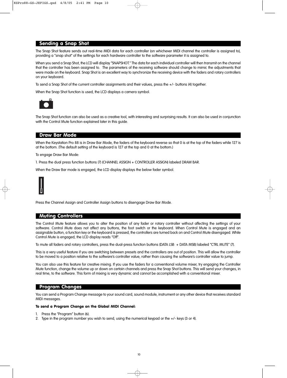 Sending a snap shot, Draw bar mode, Muting controllers | Program changes | M-AUDIO M71020QS-EN User Manual | Page 8 / 11