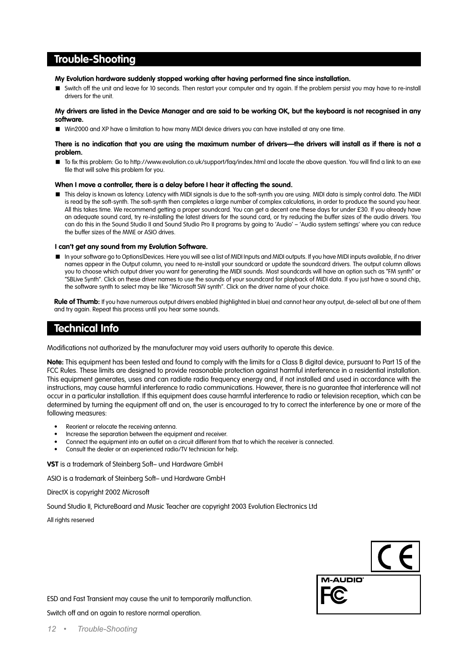 Trouble-shooting, Technical info | M-AUDIO Music Mixer User Manual | Page 11 / 20